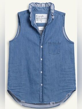 Frank and Eileen Fiona Ruffle Collar Denim Sleeveless Indigo Shirt - Size Large